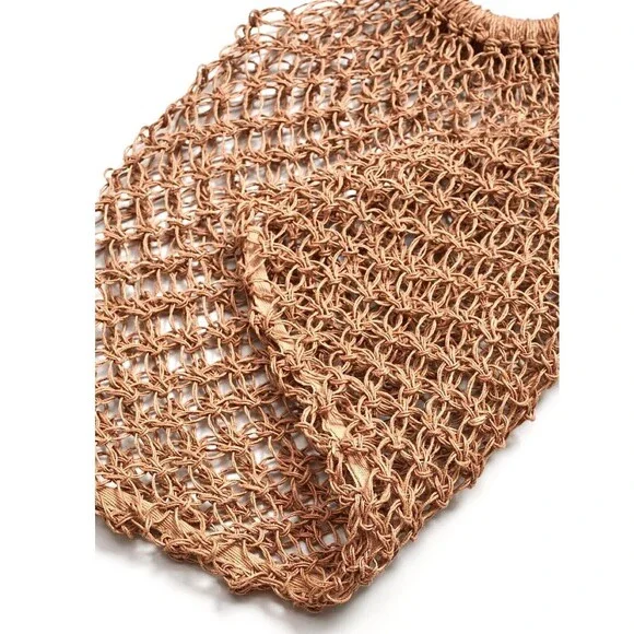 MANGO Shopper Bag Crochet Mesh Net Braided Jute Tote XL Handbag Brown Ltd Editio - Picture 4 of 14